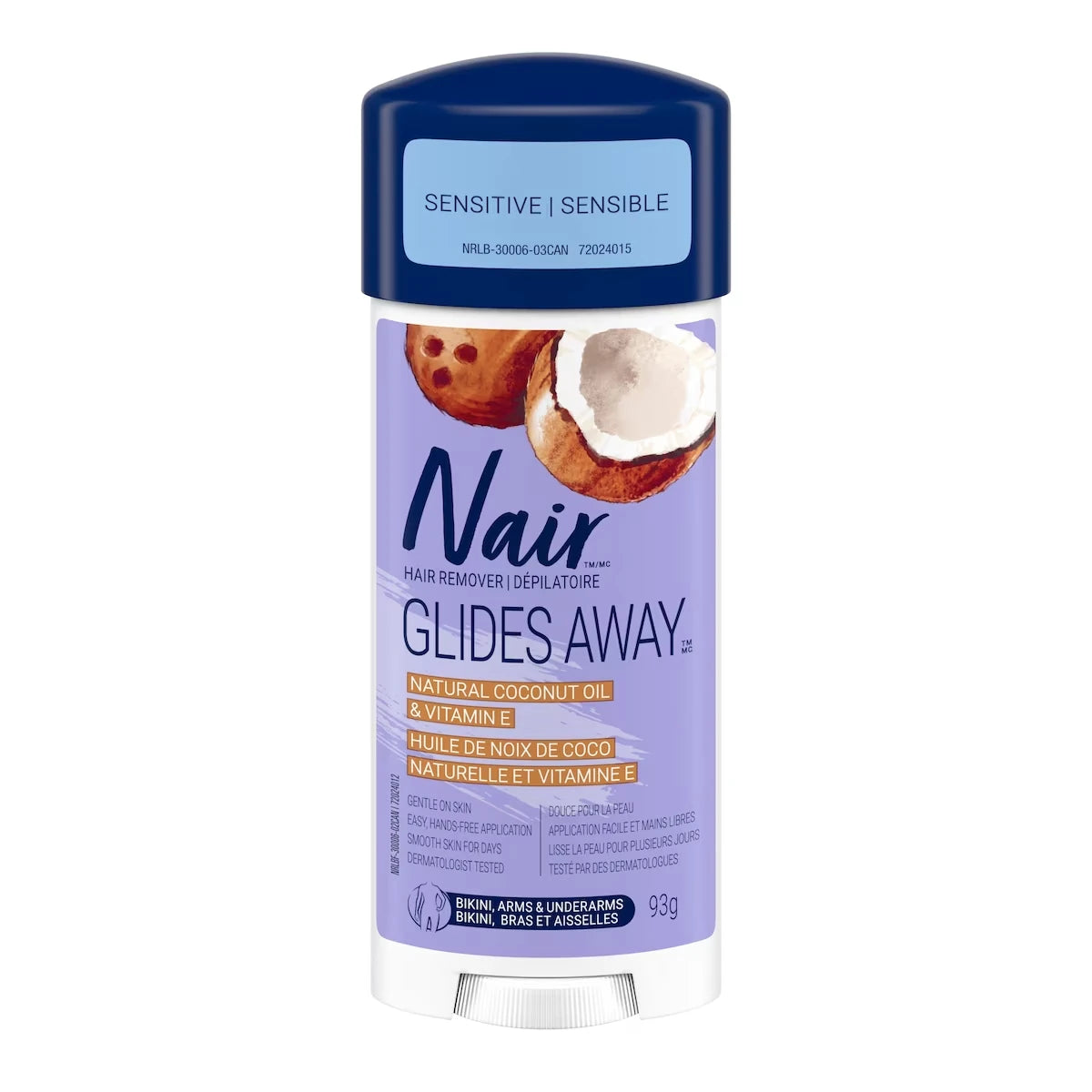Dépilatoire Glides Away formule sensible pour le bikini, les bras et les aisselles avec de l’huile de noix de coco naturelle à 100 % plus de la vitamine E