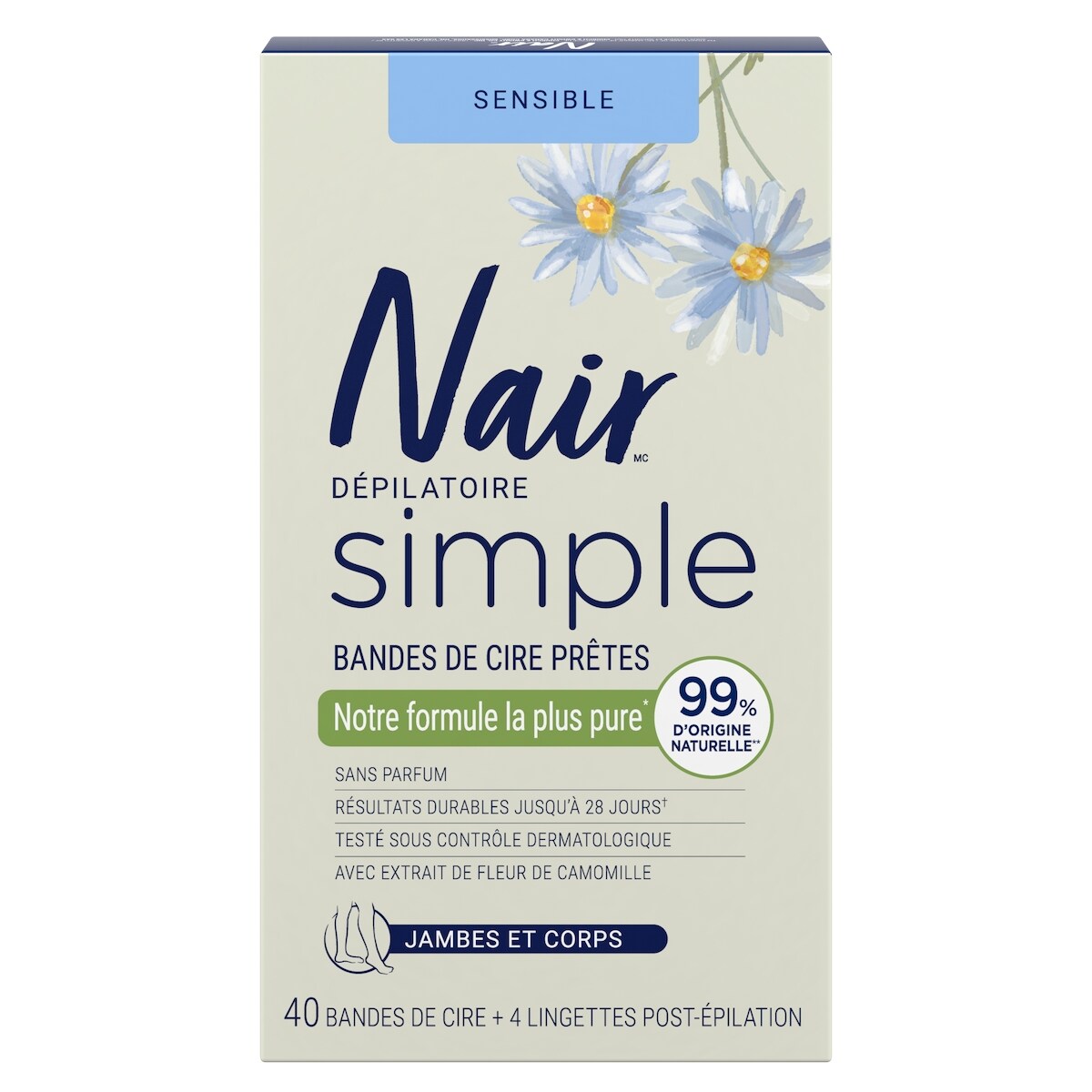 Bandes de cire prêtes Sensitive pour les jambes et le corps avec extrait de camomille, 40 bandes + 4 lingettes de finition
