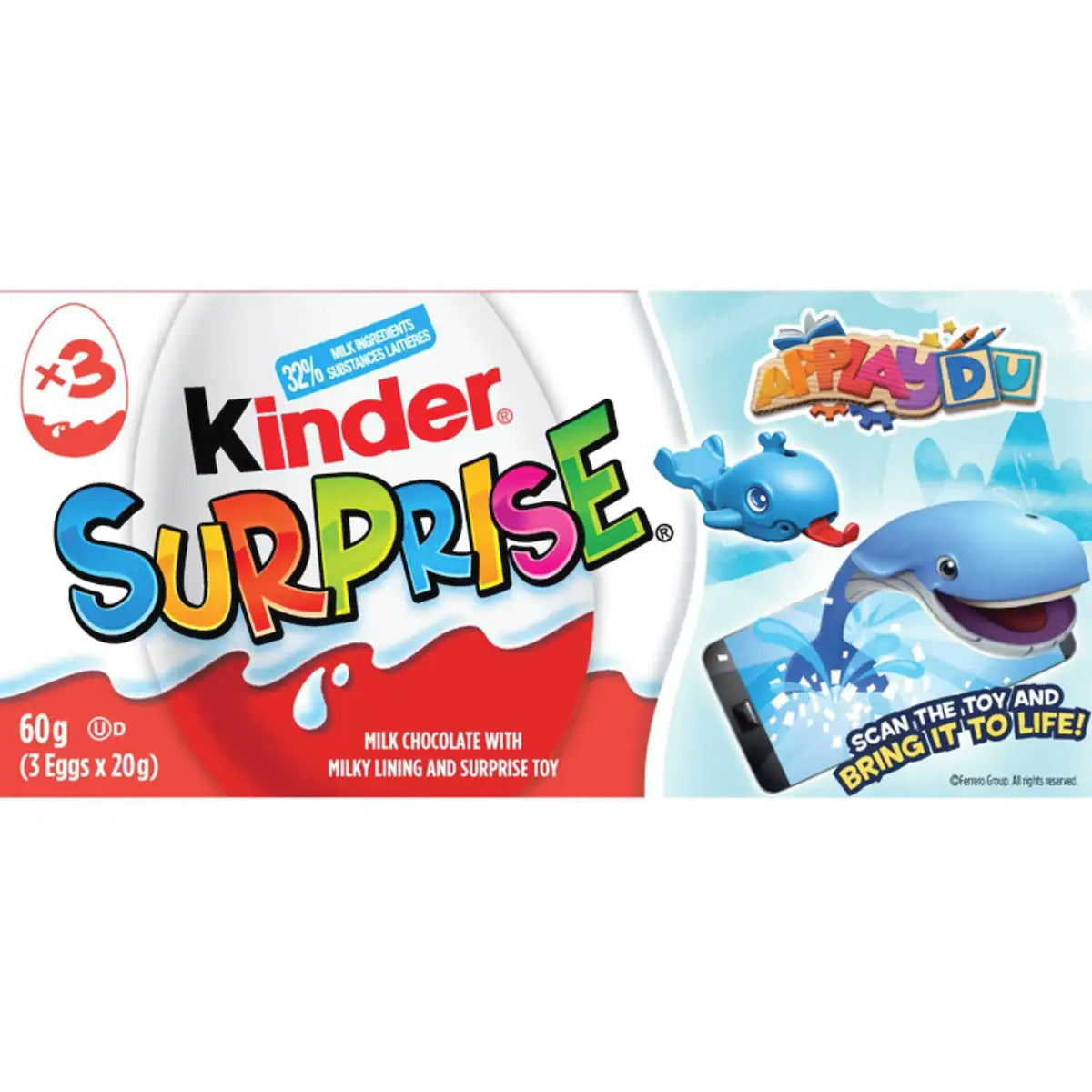 Surprise Confiserie Recouverte de Chocolat au Lait, avec Jouet Surprise 3 Œufs x 20 g (60 g)