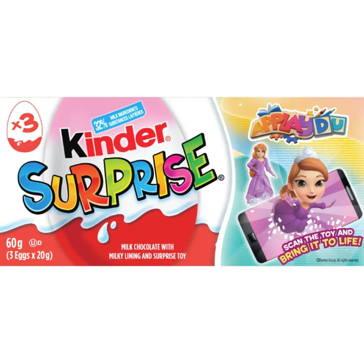 Surprise Confiserie Recouverte de Chocolat au Lait, avec Jouet Surprise 3 Œufs x 20 g (60 g)