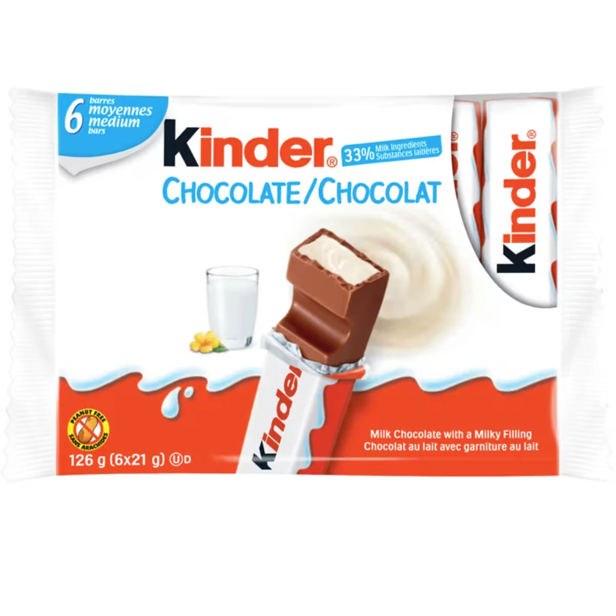 Barre CHOCOLATE/CHOCOLAT, barre de chocolat au lait avec une garniture au lait, paquet de 6, barres emballées individuellement
