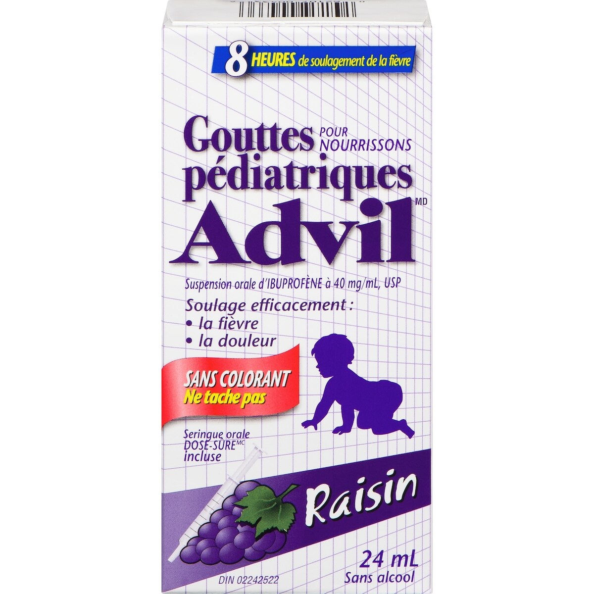 Gouttes Pédiatriques pour Nourrissons Suspension Orale d'Ibuprofène à 40 mg/ml, USP, Sans Colorant, Raisin 24 ml