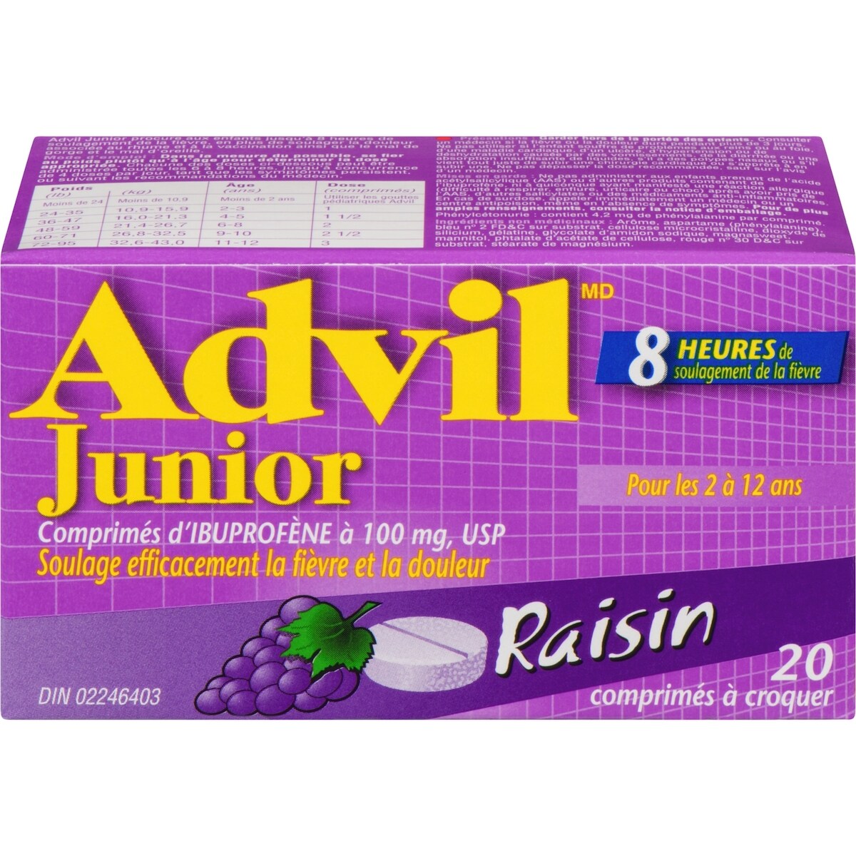 Junior Comprimés d'ibuprofène à 100 mg, USP, Raisin, 20 comprimés