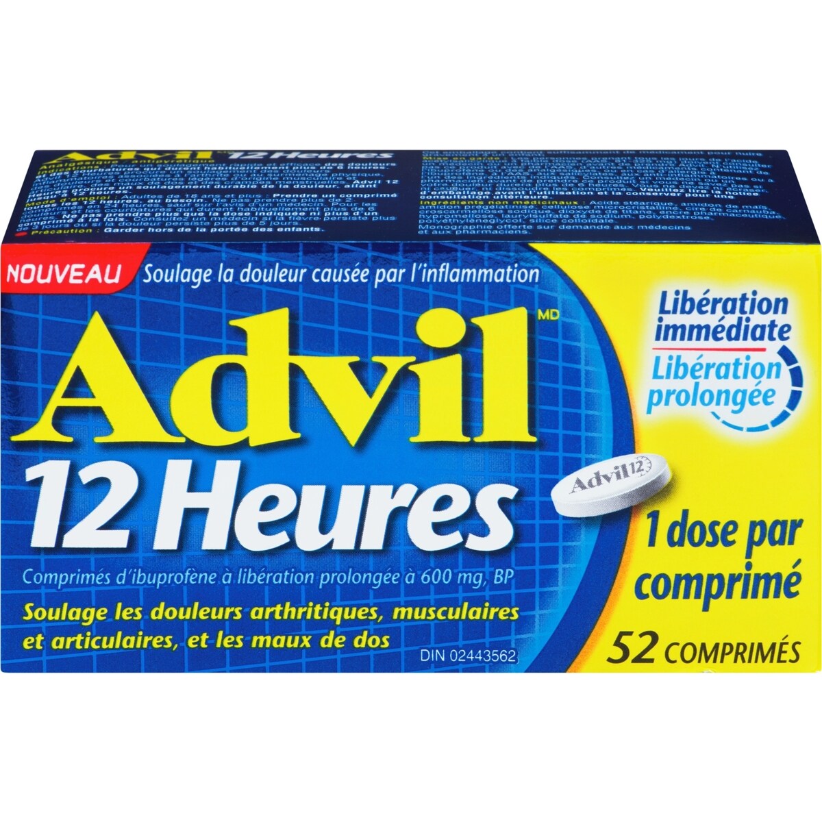 12 heures, pour un soulagement prolongé de la douleur, 600 mg d’ibuprofène, flacon de 52