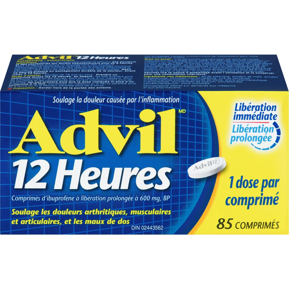 12 heures, pour un soulagement prolongé de la douleur, 600 mg d’ibuprofène, flacon de 85