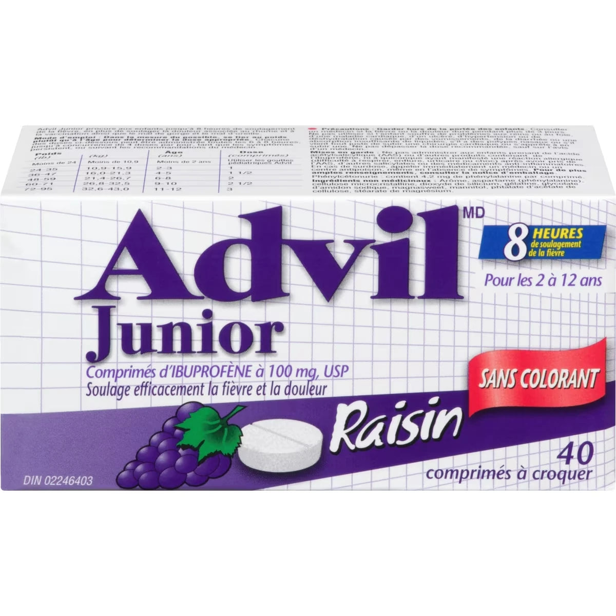 Junior Comprimés d'ibuprofène à 100 mg, USP, Sans Colorant, Raisin, 40 comprimés