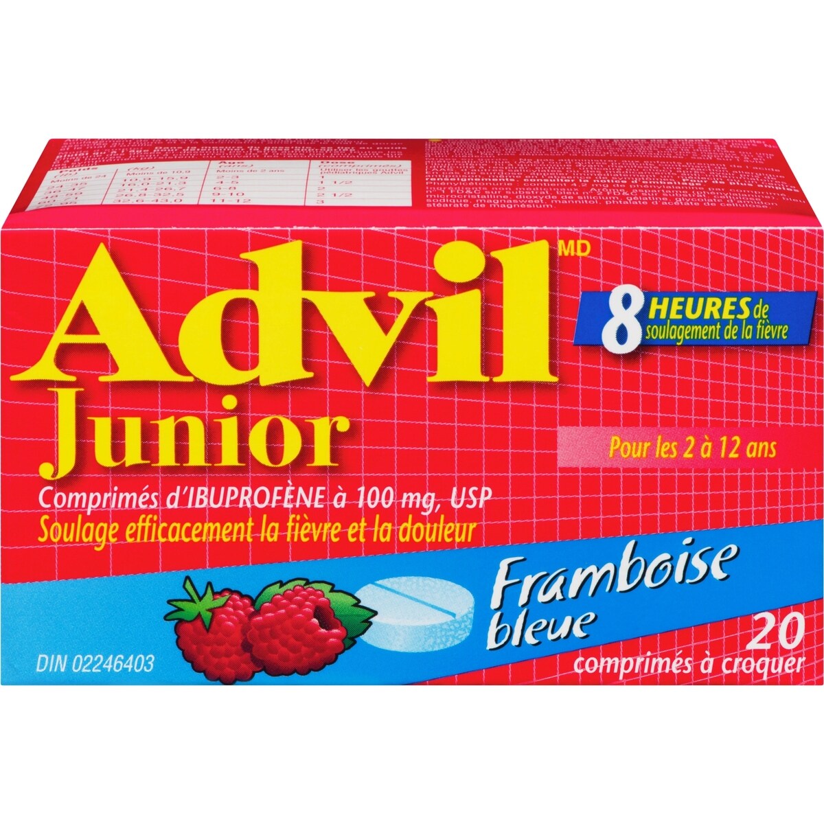 Junior Comprimés d'ibuprofène à 100 mg, USP, Framboise bleue, 20 comprimés