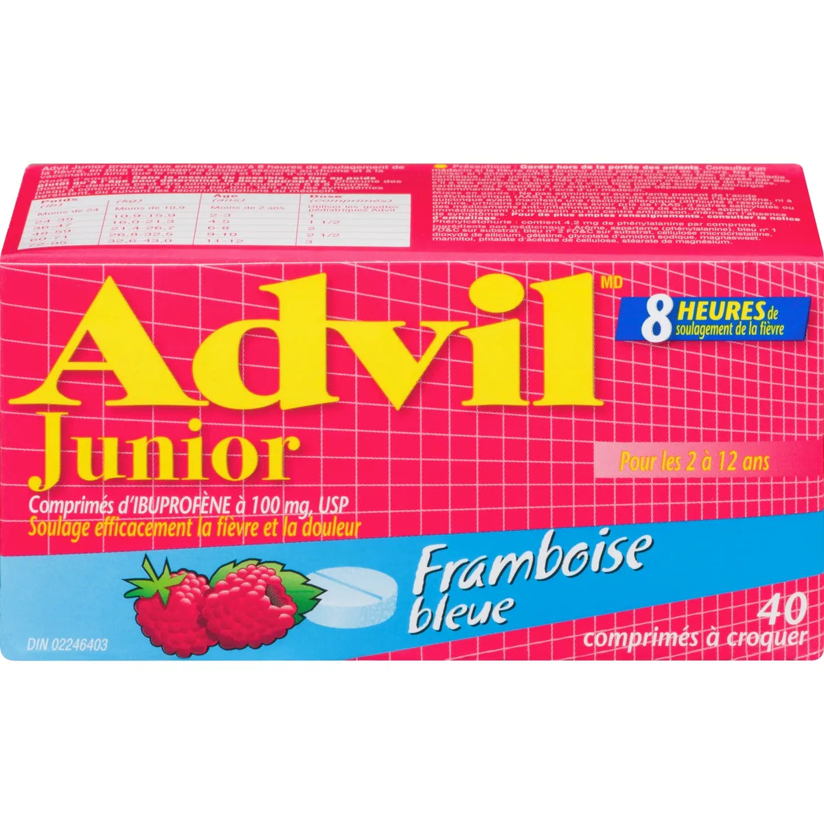 Junior Comprimés d'ibuprofène à 100 mg, USP, Framboise bleue, 40 comprimés