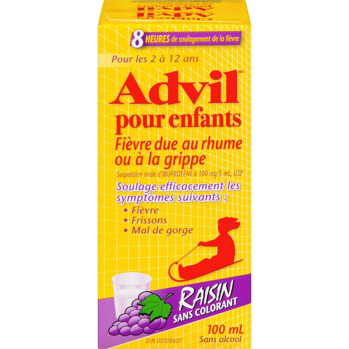 pour Enfants Fièvre Due au Rhume ou à la Grippe Suspension Orale d'Ibuprofène à 100 mg/5 ml, USP Raisin 100 ml