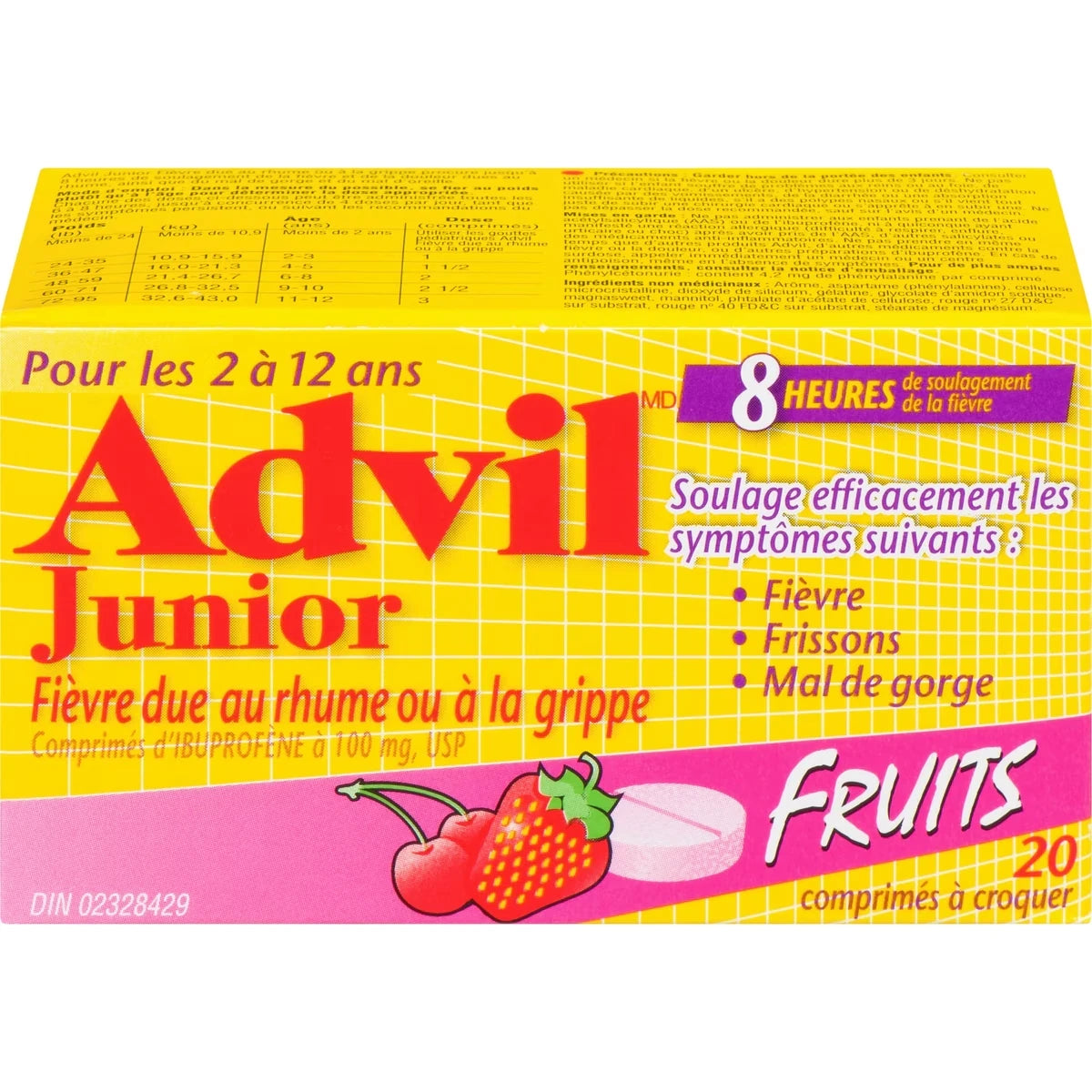 Junior Fièvre due au rheum ou à la grippe Comprimés d'ibuprofène à 100 mg, Fruits, 20 comprimés