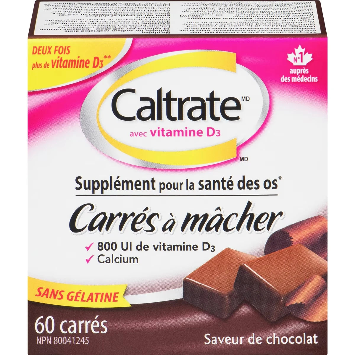 Carrés à mâcher, supplément de calcium et de vitamine D3 pour la santé des os, chocolat, 60 unités