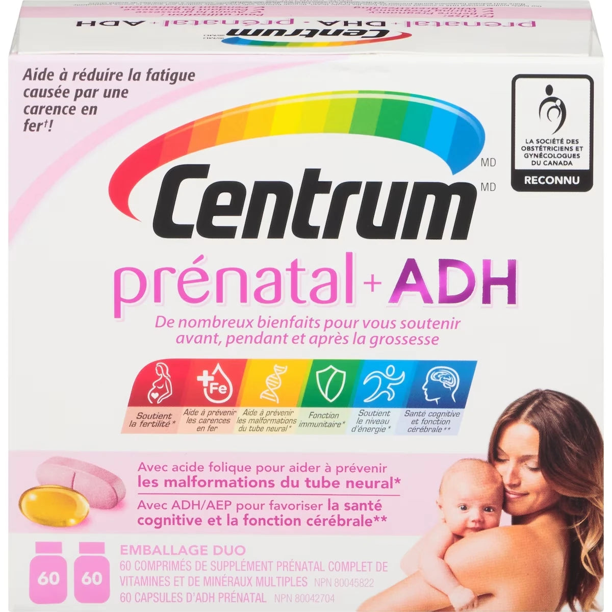 prénatal + ADH, une multivitamine combinée à des oméga-3 ADH et AEP dans un emballage duo comptant 120 comprimés au total