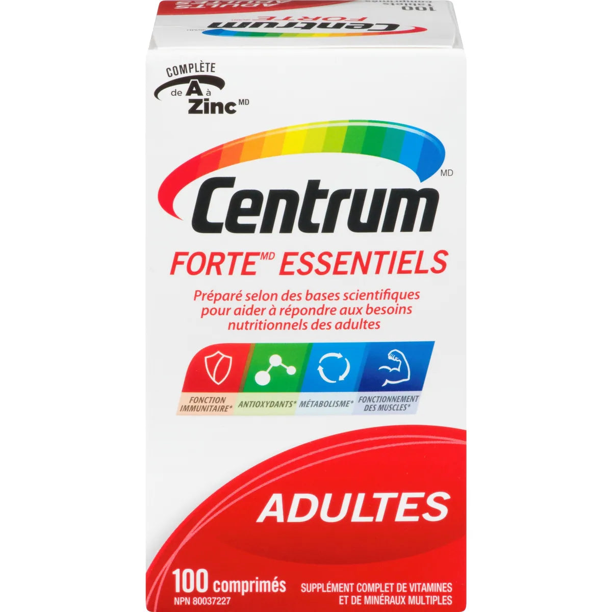 Forte Essentiels, un supplément complet de vitamines et de minéraux formulé pour les adultes, en format de 100 comprimés