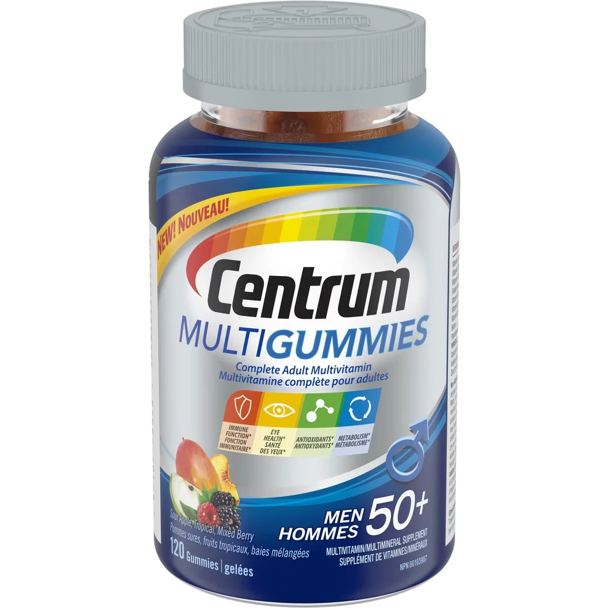 MultiGummies Hommes 50+, un supplément gélifié complet de vitamines et de minéraux, saveurs de pommes sûres, fruits tropicaux et baies mélangées, en format de 120 gelées