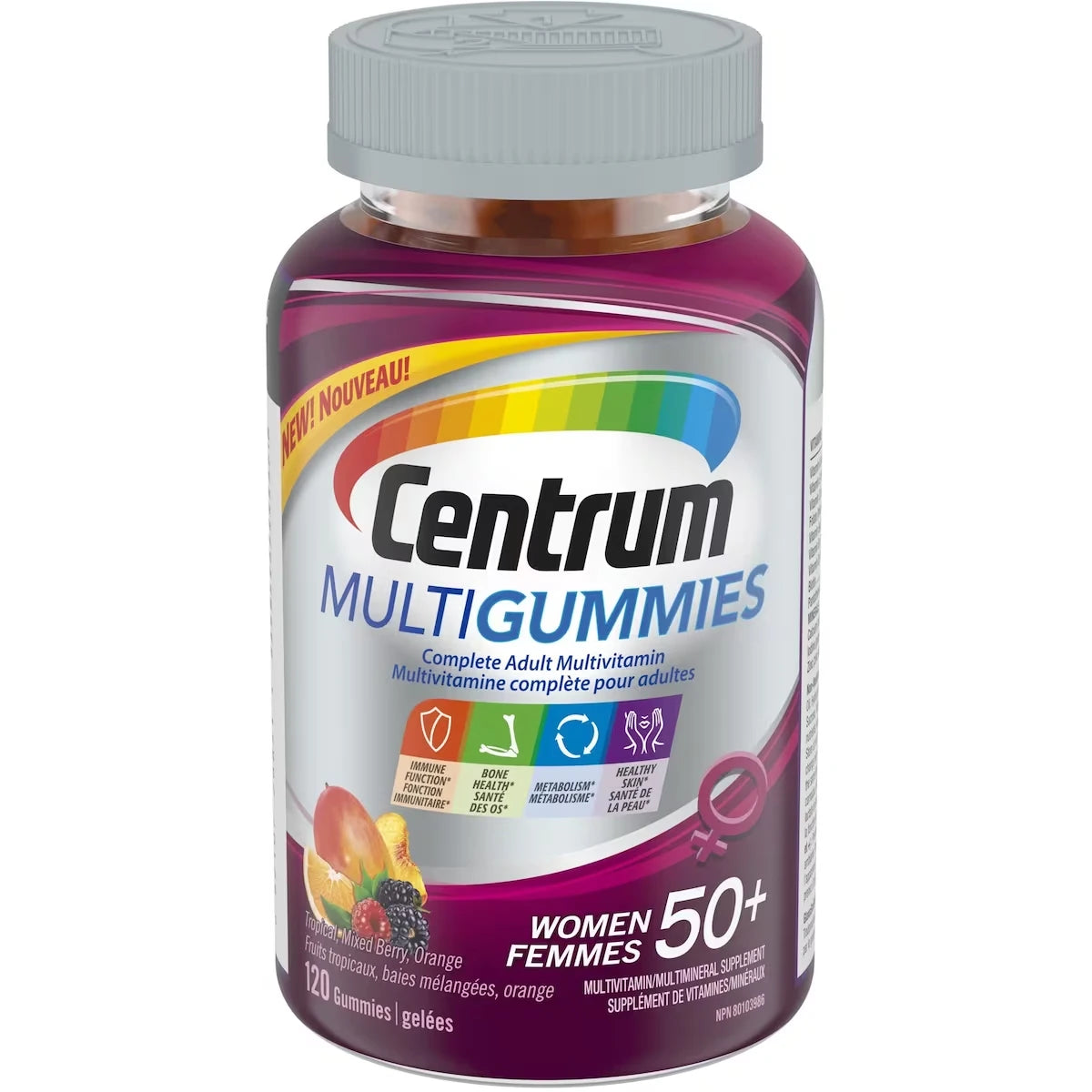 MultiGummies Femmes 50+, un supplément gélifié complet de vitamines et de minéraux, saveurs de fruits tropicaux , baies mélangées et orange, en format de 120 gelées
