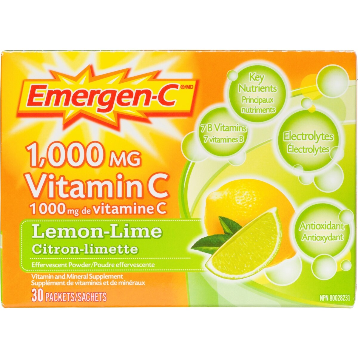 Mélange pour boisson Emergen-C, supplément de vitamine C (1 000 mg), saveur de citron-lime, 30 sachets