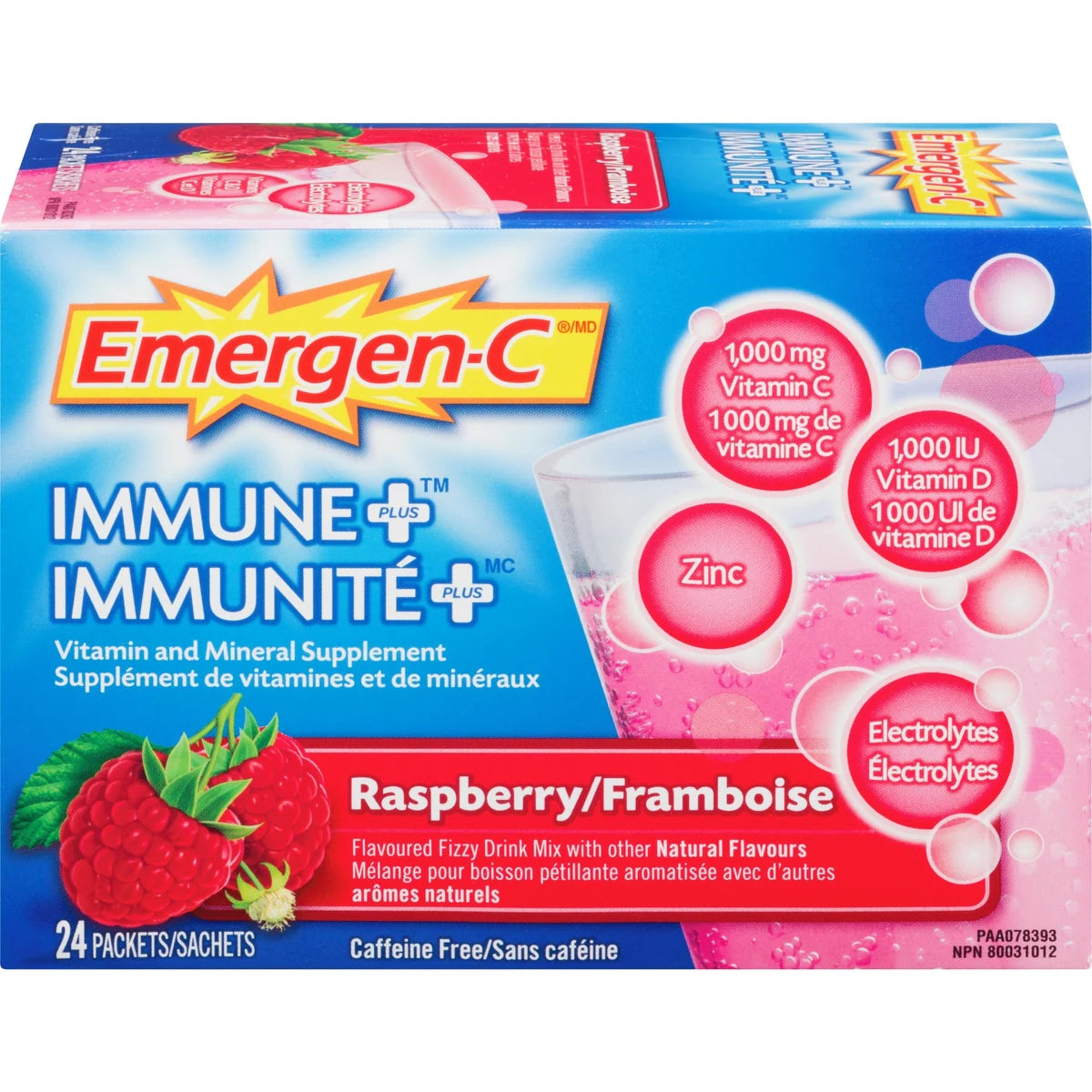 Mélange pour boisson Emergen-C immunité+, supplément de vitamine C (1 000 mg) et de multivitamines, saveur de framboise, 24 sachets