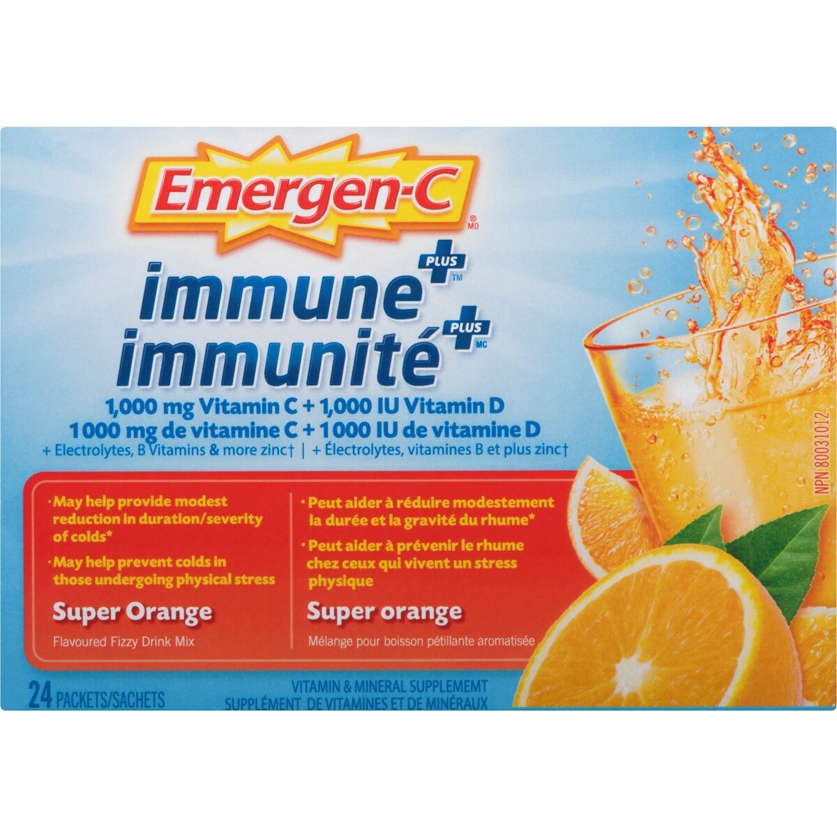 Mélange pour boisson pétillante immunité+, supplément de vitamine C et de minéraux, super orange