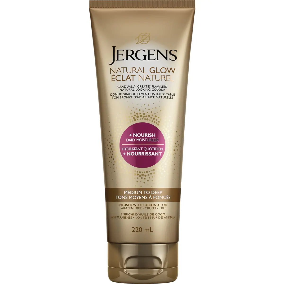 Autobronzant progressif hydratant quotidien Éclat Naturel +Nourrissant de Jergens – tons moyens à bronzés