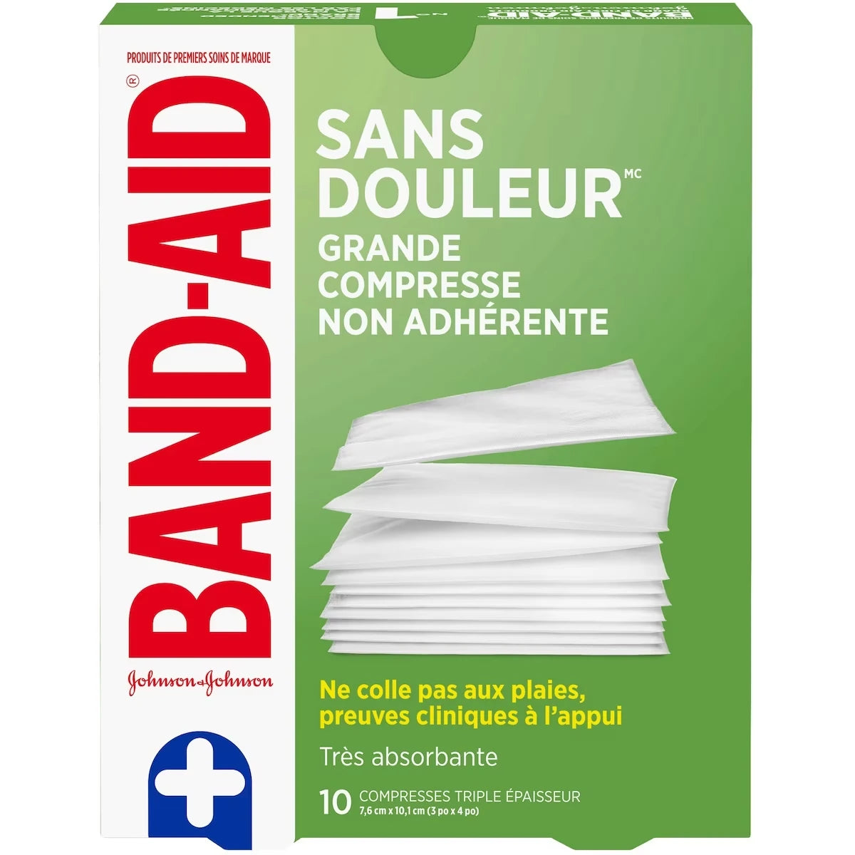 Grandes compresses non adhérentes de marque BAND-AID® SANS DOULEUR, 7,6 cm par 10,1 cm, 10 compresses