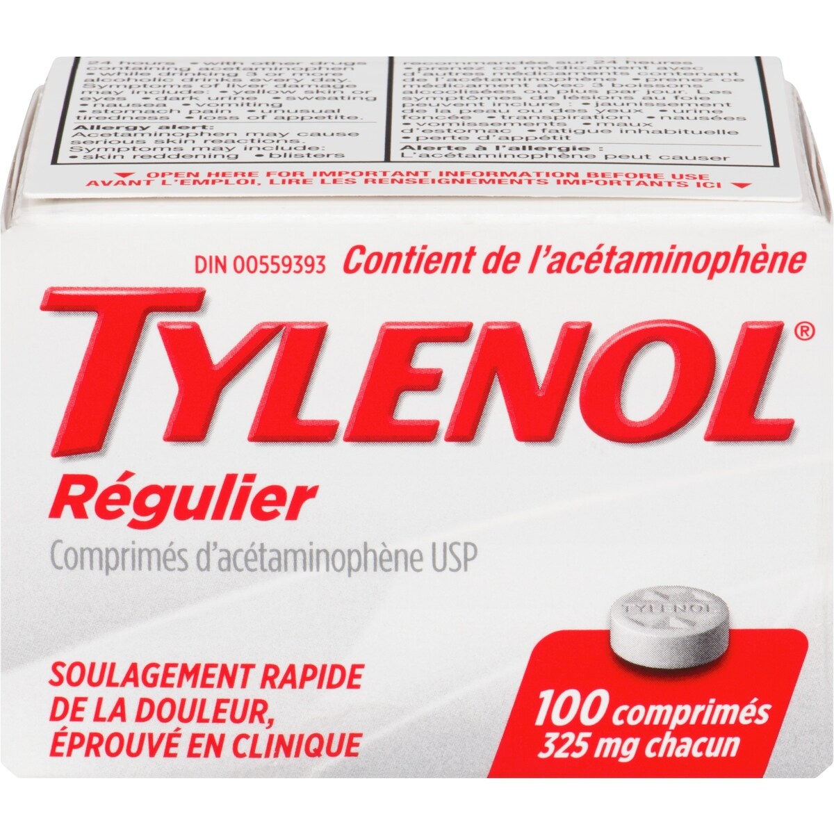 Acétaminophène à 325 mg, analgésique, régulier, comprimés