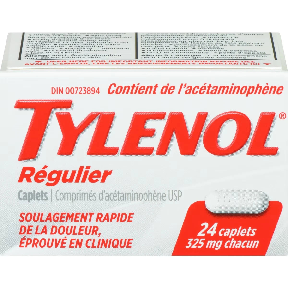Acétaminophène à 325 mg, analgésique, régulier, caplets