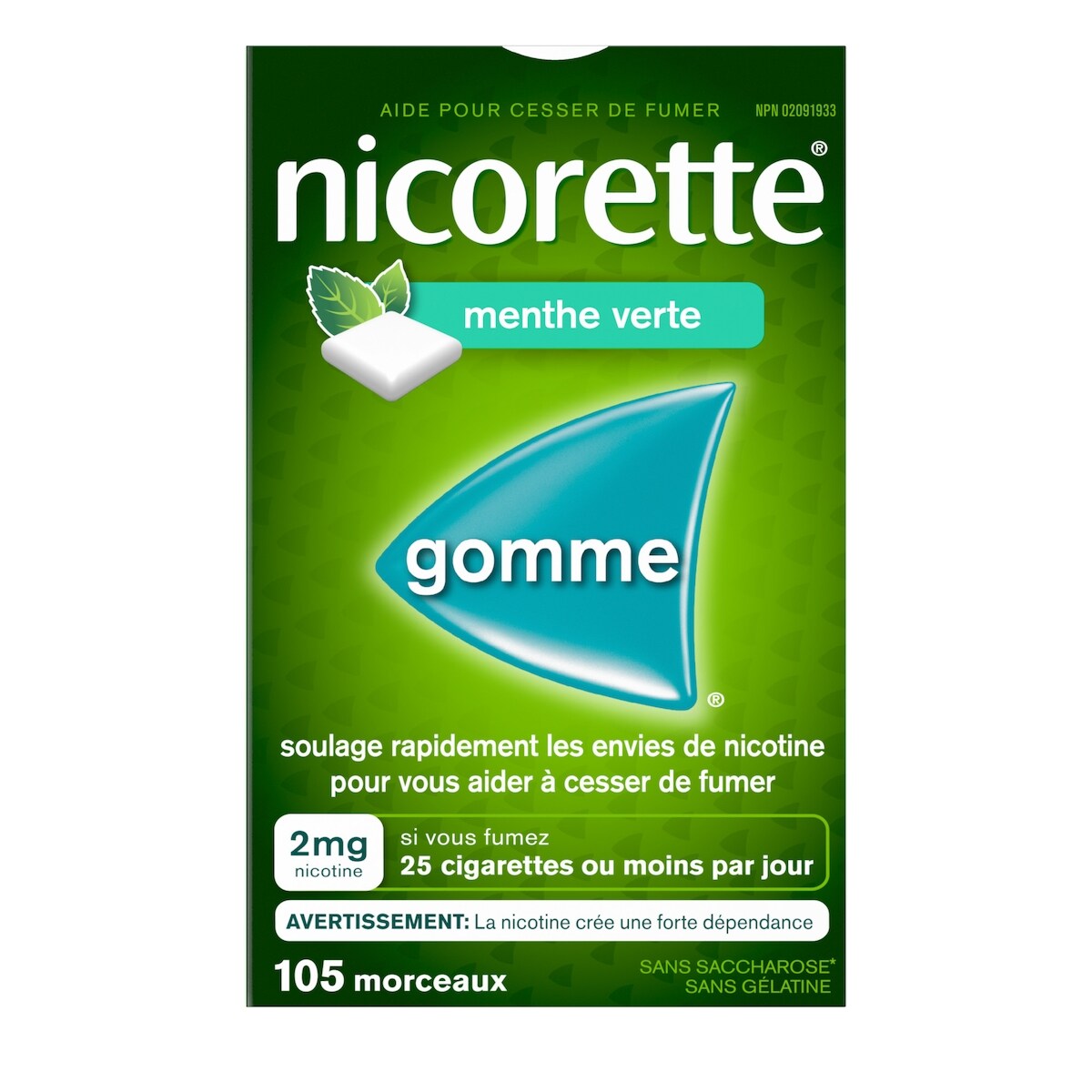 Gomme à 2 mg de nicotine, saveur de menthe verte