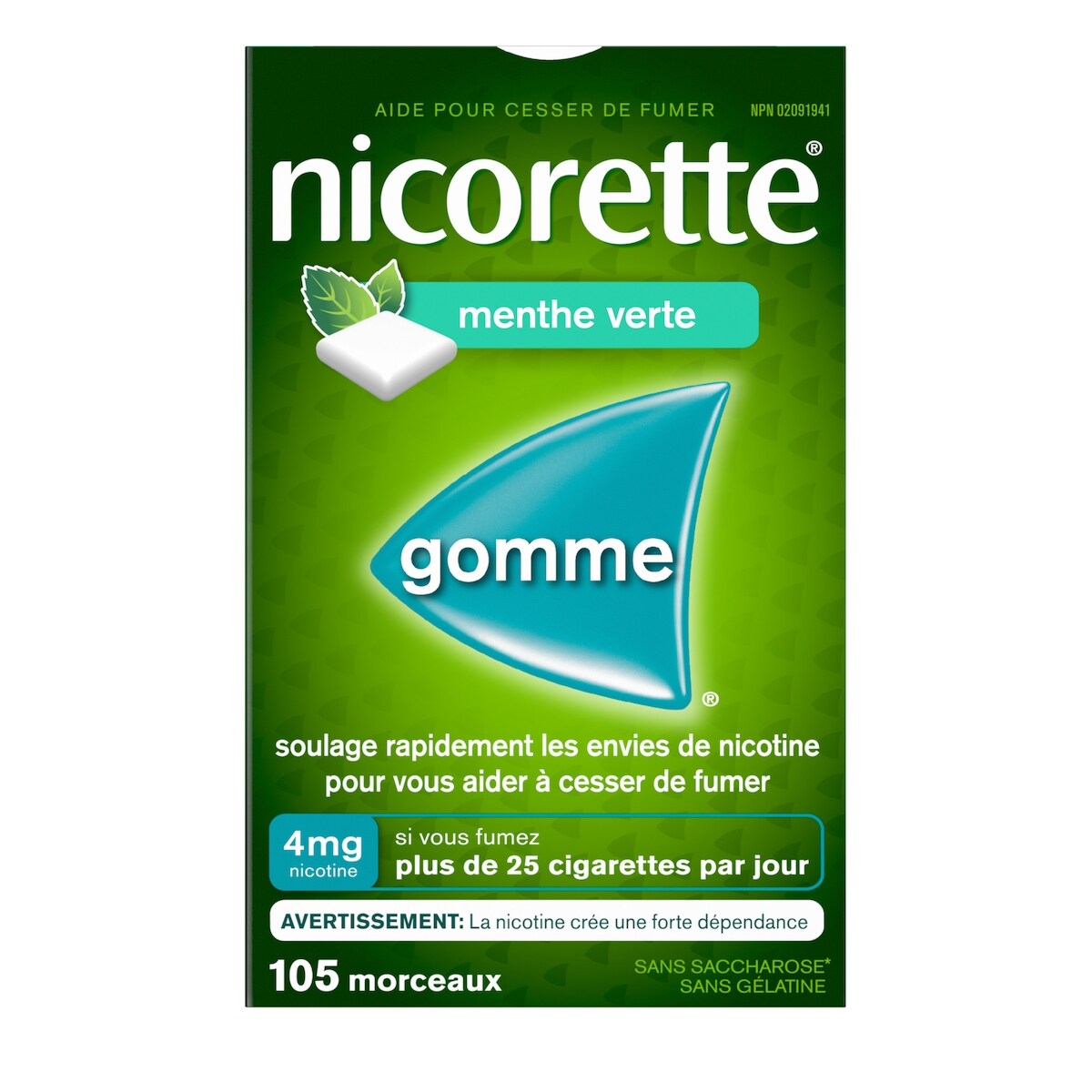 Gomme à 4 mg de nicotine, saveur de menthe verte