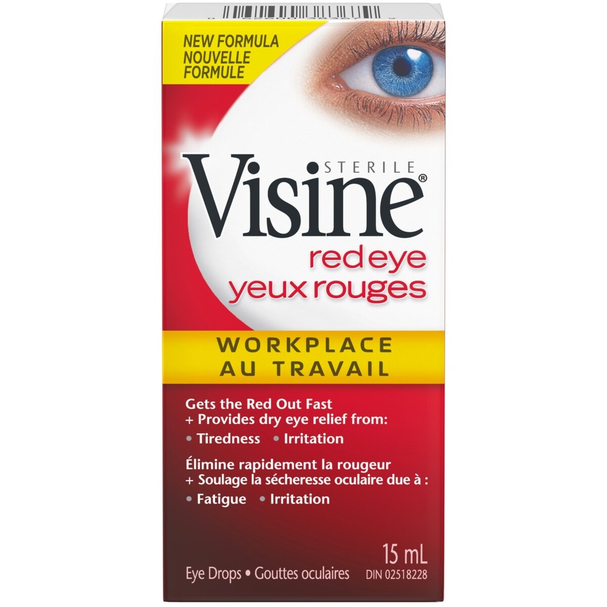Gouttes oculaires  Yeux rouges Au travail - polyéthylèneglycol, chlorhydrate de tétrahydrozoline - Poussière, irritation, sécheresse, rougeur et fatigue des yeux