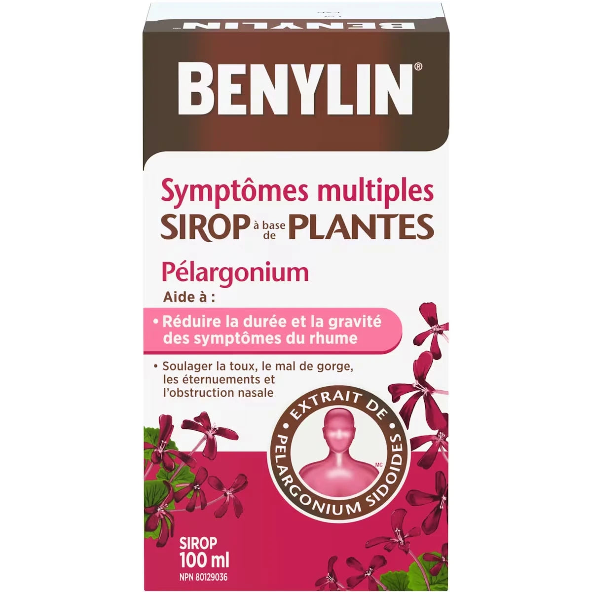 Sirop à base de plantes Benylin Symptômes multiples, antitussif, soulagement du mal de gorge, rhume, Pelargonium sidoides, 100 ml