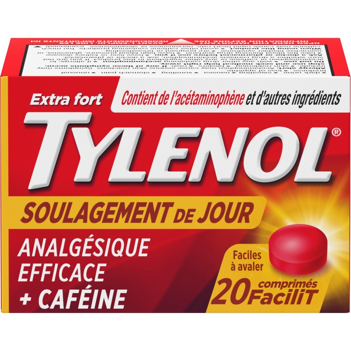 Comprimés Extra fort Soulagement de jour, 500 mg d’acétaminophène + 65 mg de caféine, soulagement du mal de tête matinal et de la douleur