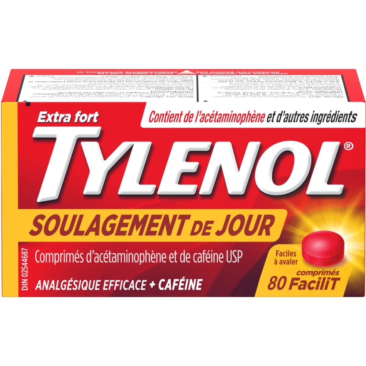 Comprimés Extra fort Soulagement de jour, 500 mg d’acétaminophène + 65 mg de caféine, soulagement du mal de tête matinal et de la douleur
