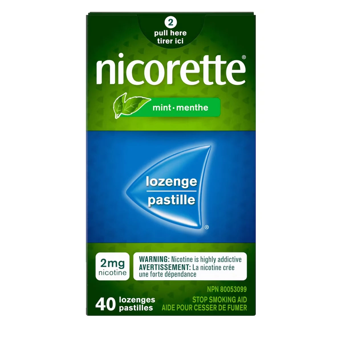 Pastilles Nicorette Menthe 2 mg, aide pour cesser de fumer, TRN, produits de remplacement de la nicotine, maîtrise des envies, saveur de menthe, paquet de 40