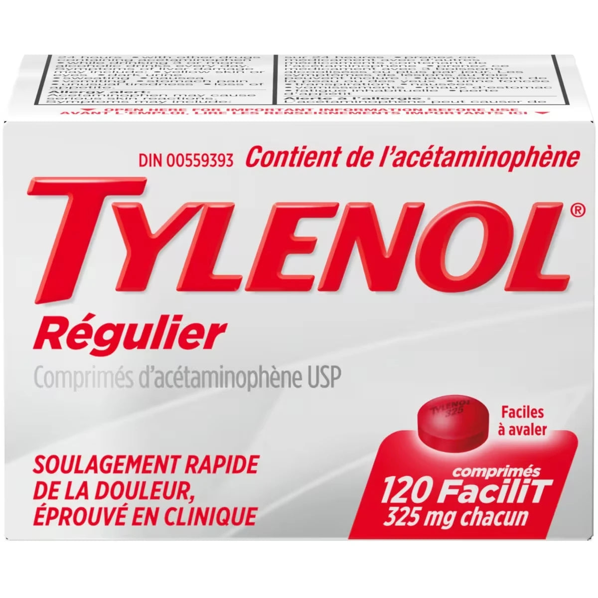 Acétaminophène à 325 mg, analgésique, régulier, comprimés FaciliT