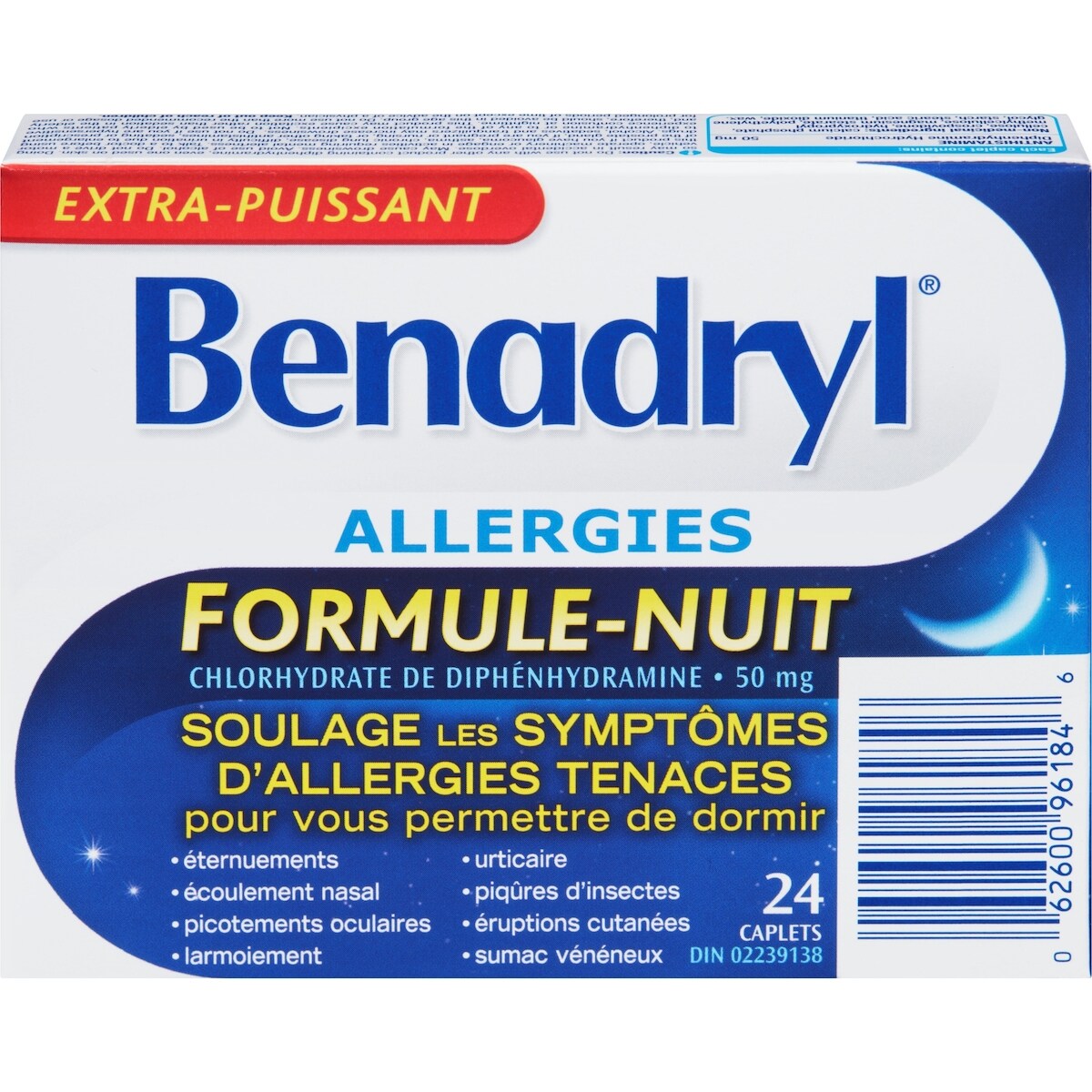 Médicament contre les allergies, Nuit, extra-puissant, 50 mg