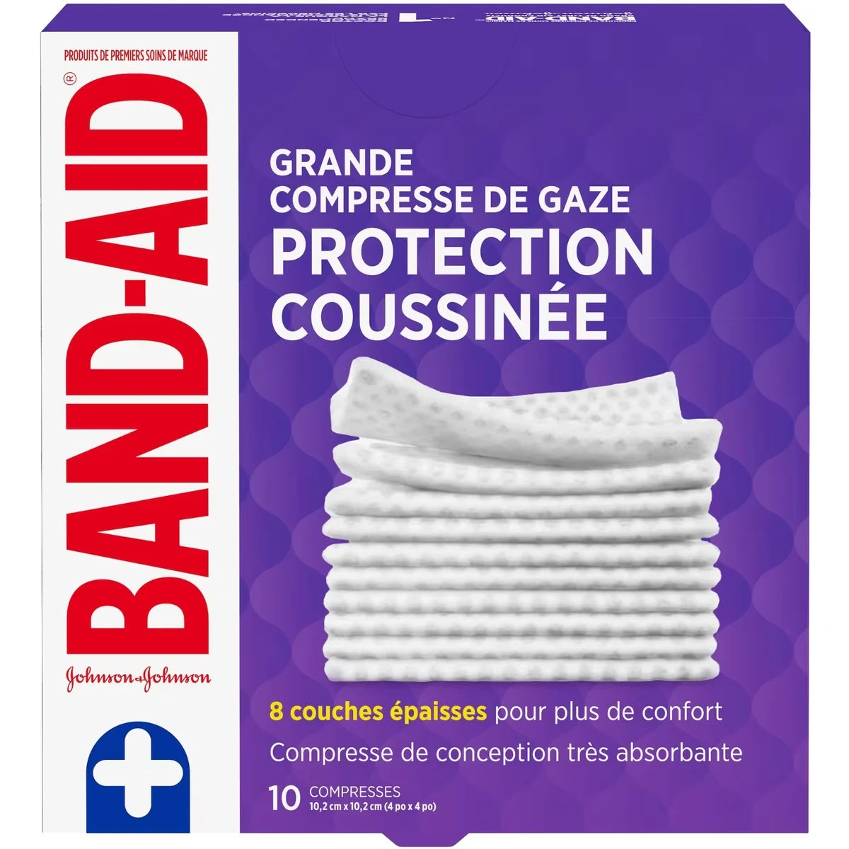 Grandes compresses de gaze Protection coussinée de marque BAND-AID, 10,2 cm x 10,2 cm, 10 compresses