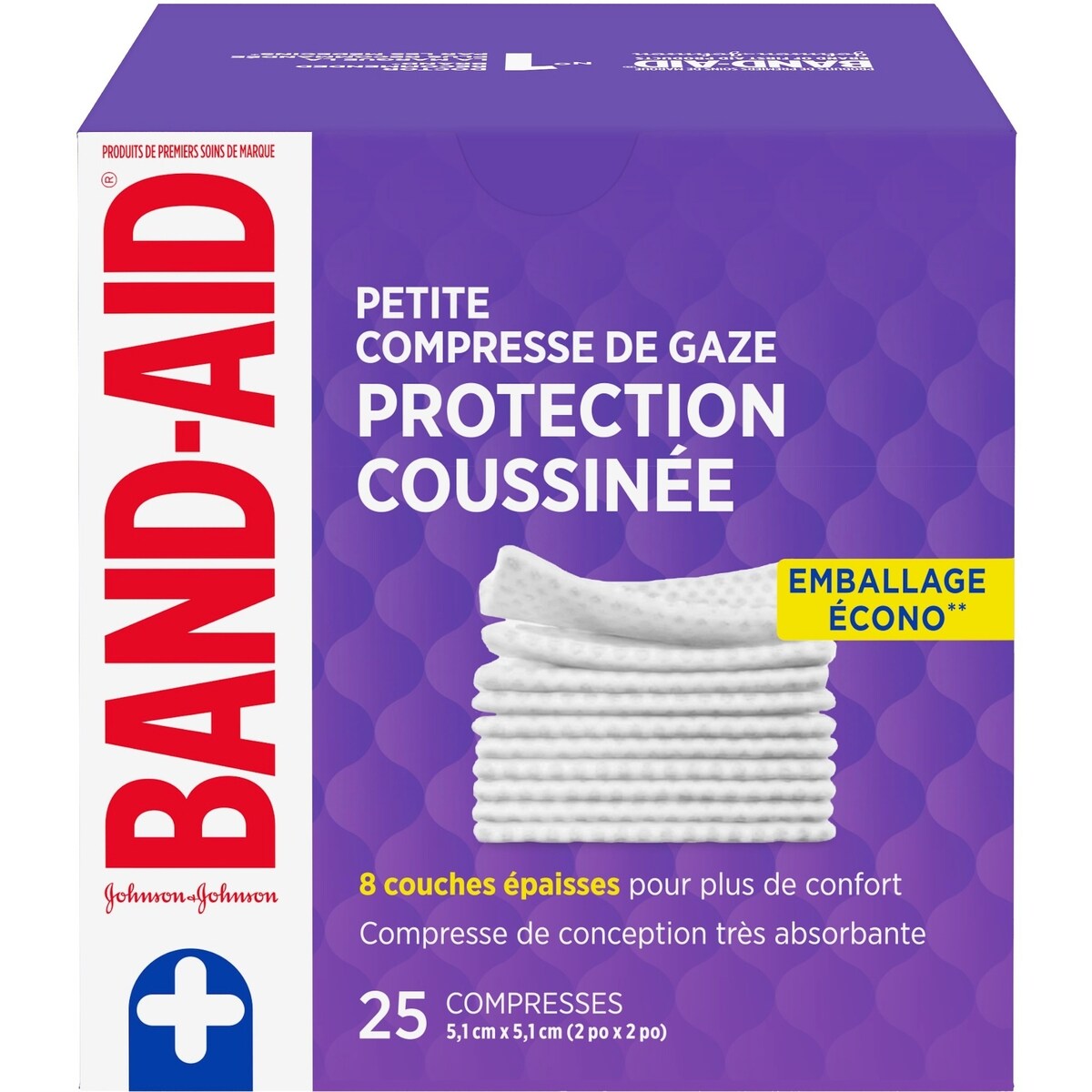 Petites compresses de gaze Protection coussinée de marque BAND-AID, 5,1 cm x 5,1 cm, 25 compresses