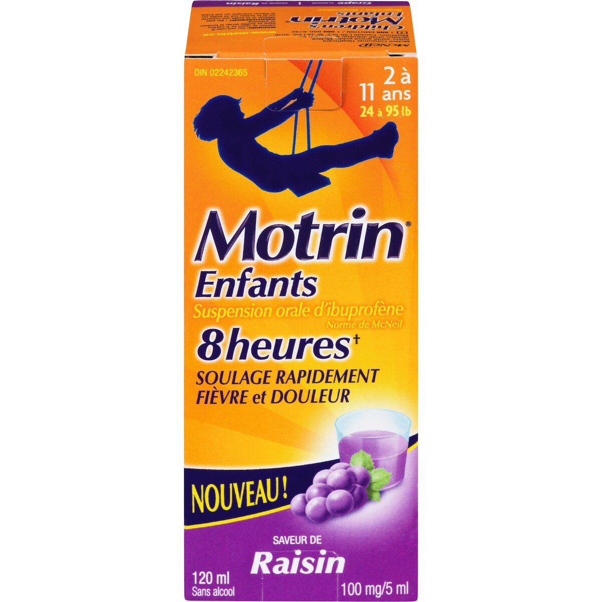 Suspension d'ibuprofène pour enfants, analgésique, saveur de raisin