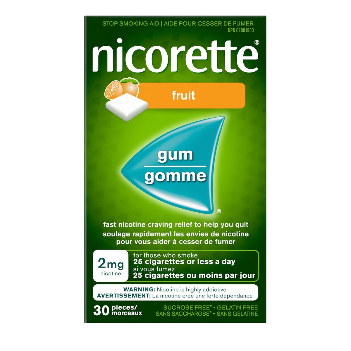 Gomme à 2 mg de nicotine, saveur de fruit frais
