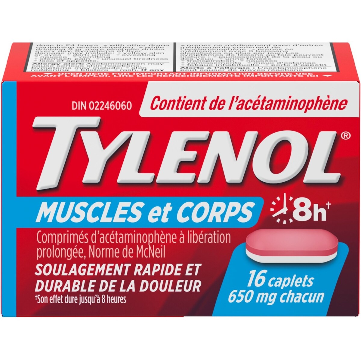 Acétaminophène à 650 mg, douleurs musculaires et corporelles, caplets