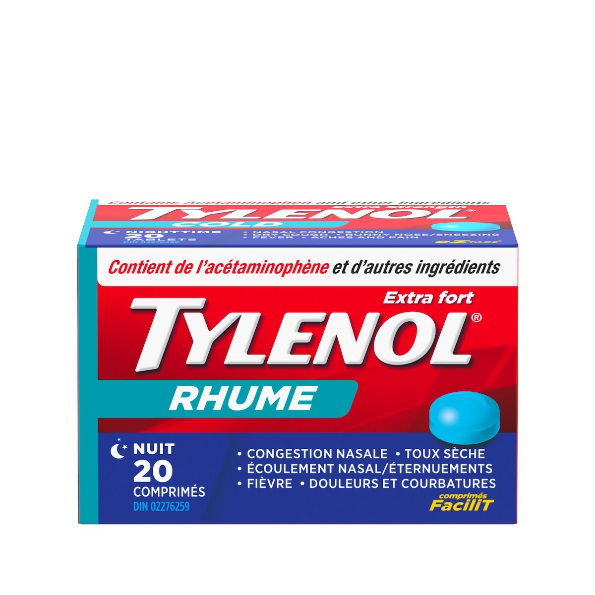 Acétaminophène à 500 mg, soulagement du rhume, nuit, extra fort