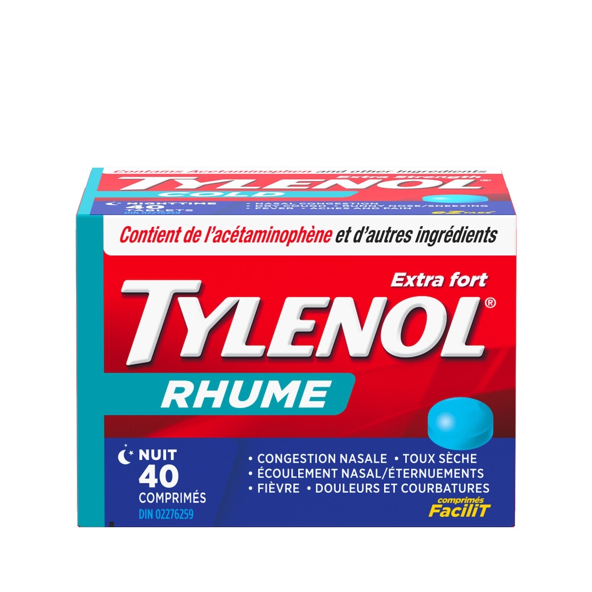 Acétaminophène à 500 mg, rhume, nuit, extra fort