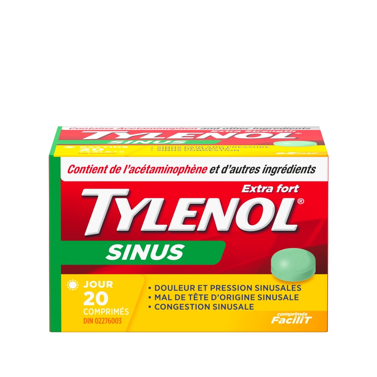 Acétaminophène à 500 mg, soulagement des sinus, jour, extra fort