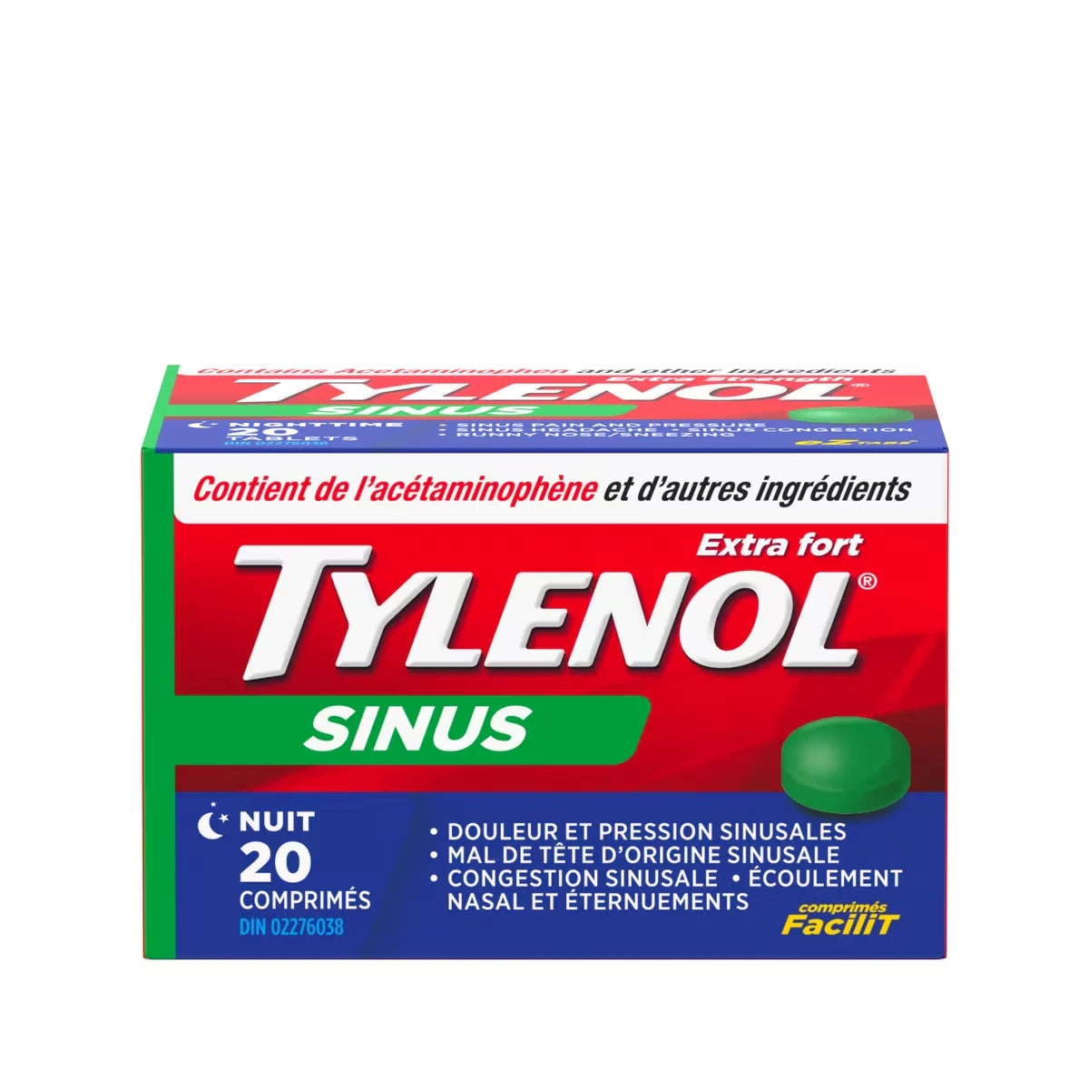 Acétaminophène à 500 mg, soulagement des sinus, nuit, extra fort