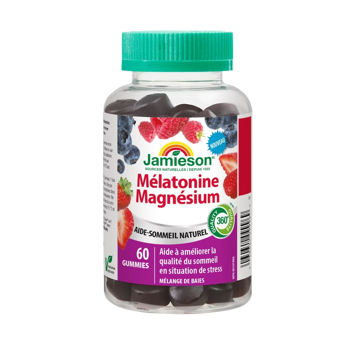 Mélatonine magnésium gummies saveur de baies mélangées, 60 compter