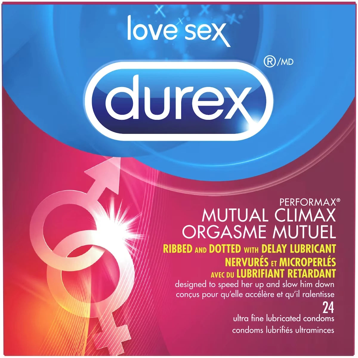 Condoms Orgasme Mutuel nervurés, microperlés et enrobés de gel retardant