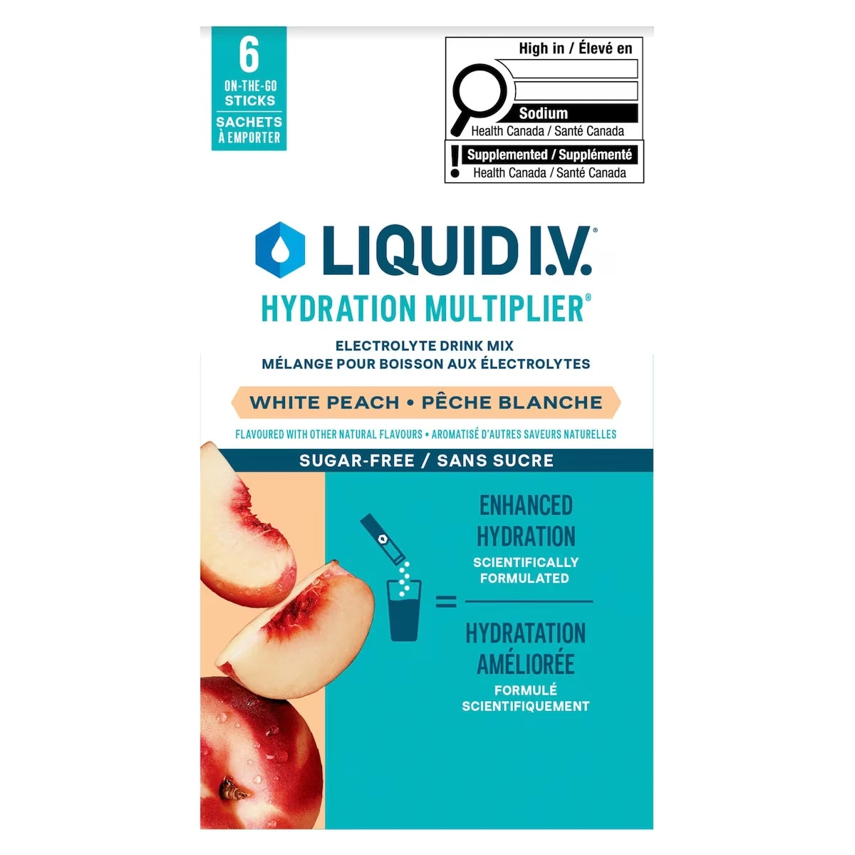 Mélange Électrolytique Liquid IV Pêche Blanche Sans Sucre, à Formule d'Hydratation Intelligente Zéro Sucre 6 CT
