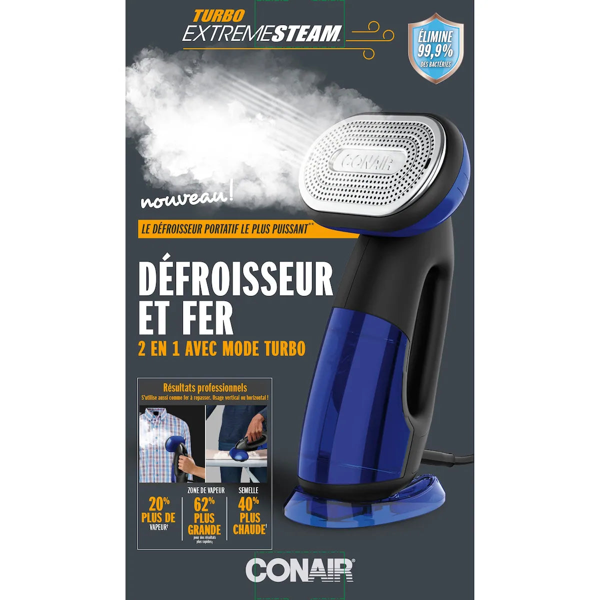 Défroisseur et fer 2 en 1 avec mode Turbo Extreme Steam