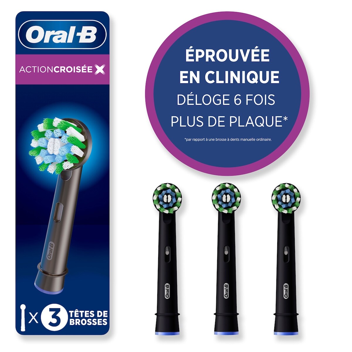 Brossettes de rechange Oral-B CrossAction pour brosse à dents électrique, noires, 3 unités