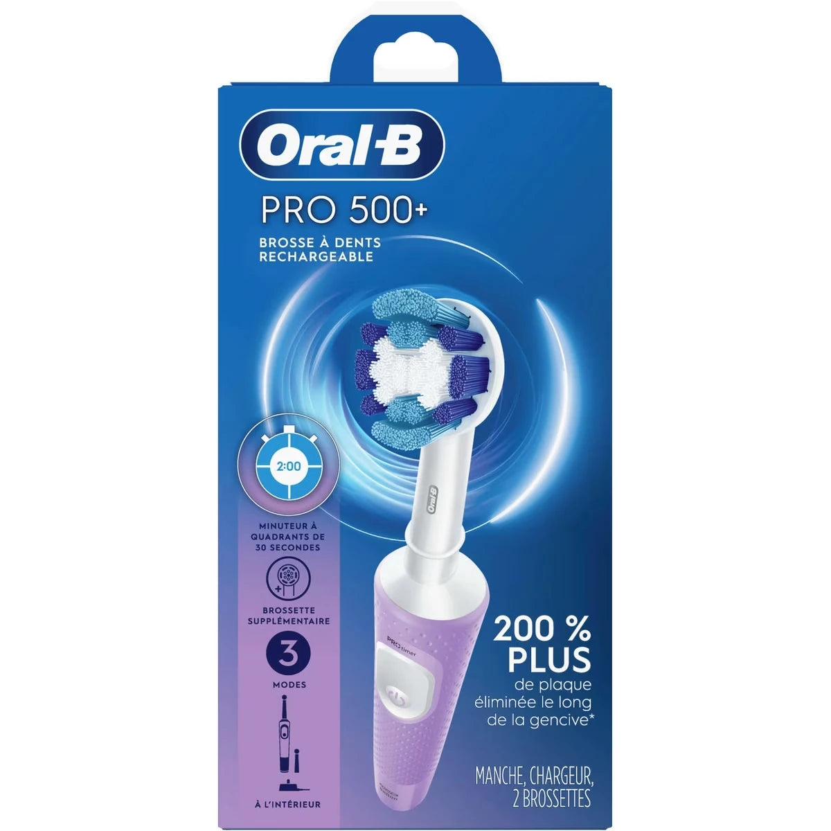 Brosse à dents électrique Oral-B Pro 500 avec (2) brossettes, rechargeable, lilas